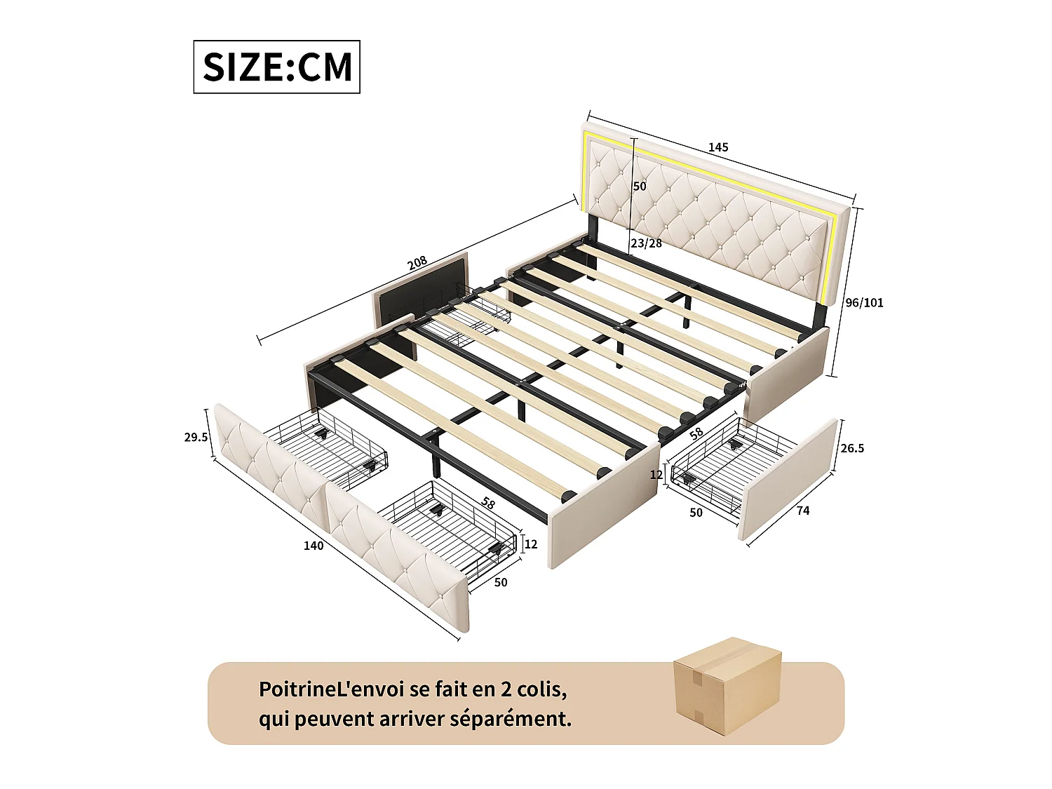 Lit 140x200 avec 4 tiroir de rangement et LED,Tête de Lit Réglable,Cadre de Lit 2 Personnes Moderne,Simili Cuir,Blanc cassé