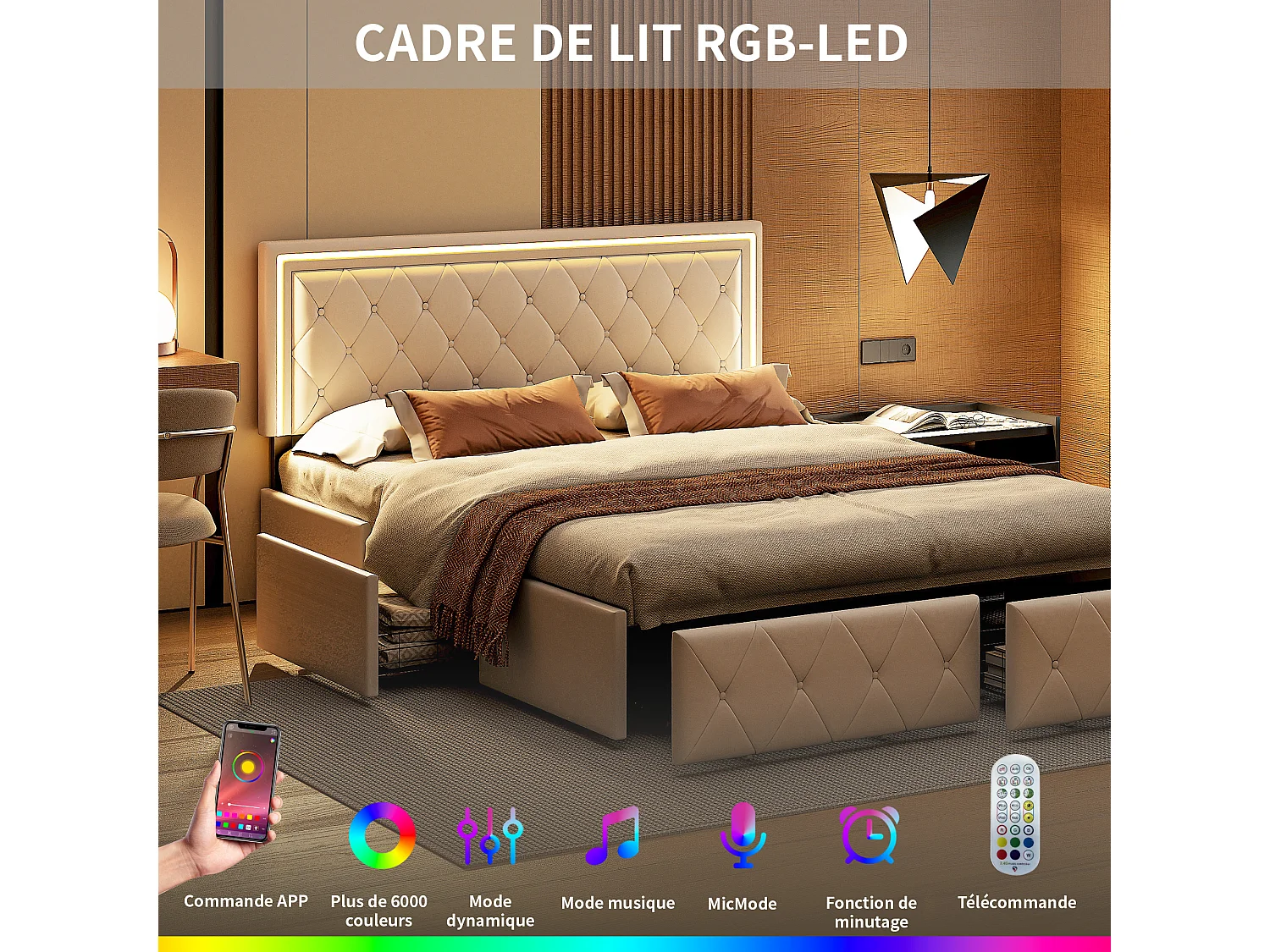 Lit 140x200 avec 4 tiroir de rangement et LED,Tête de Lit Réglable,Cadre de Lit 2 Personnes Moderne,Simili Cuir,Blanc cassé
