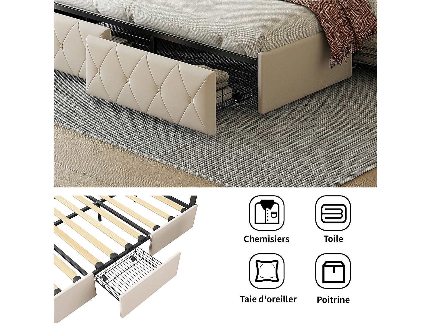 Lit 140x200 avec 4 tiroir de rangement et LED,Tête de Lit Réglable,Cadre de Lit 2 Personnes Moderne,Simili Cuir,Blanc cassé