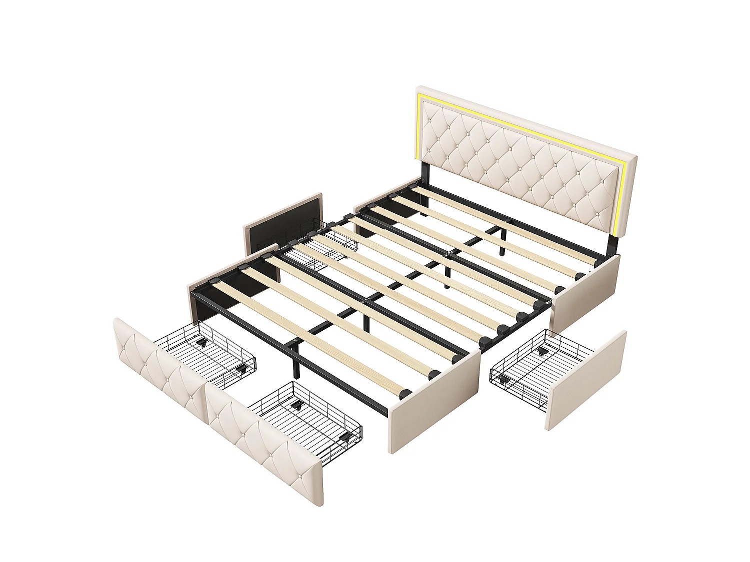 Lit 140x200 avec 4 tiroir de rangement et LED,Tête de Lit Réglable,Cadre de Lit 2 Personnes Moderne,Simili Cuir,Blanc cassé