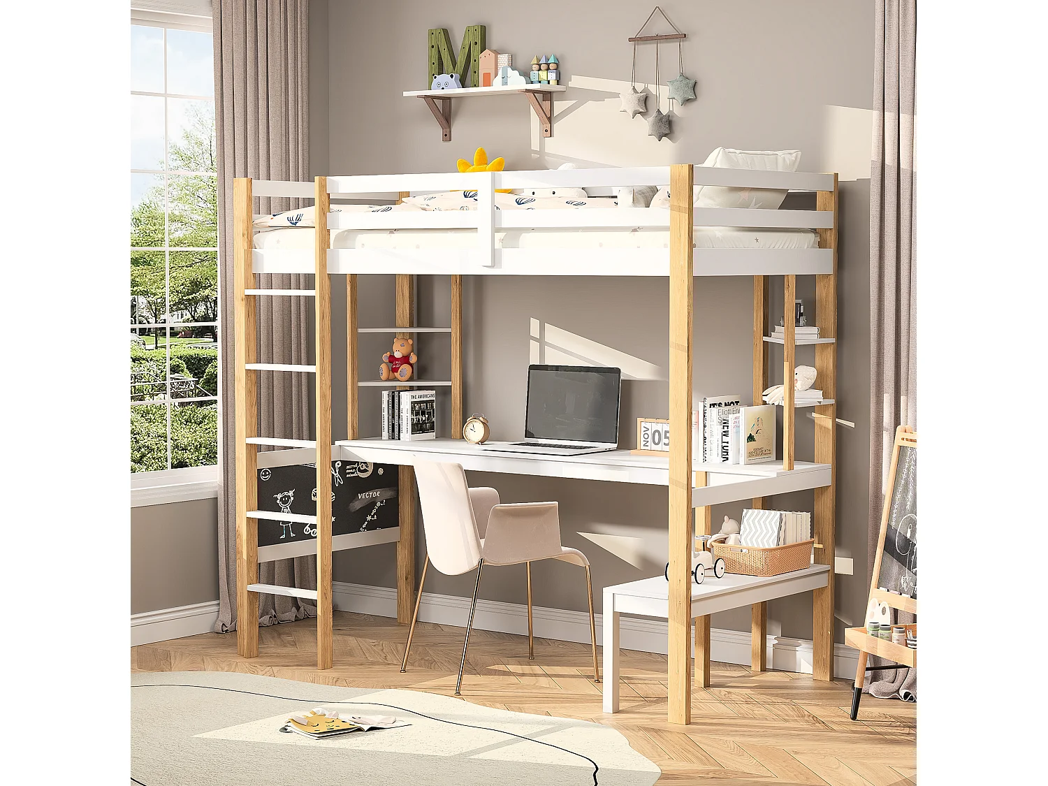 lit superposé enfant 90x200cm,lit mezzanine bois enfant avec escalier et bureau,lit superposé 1 places blanc avec rangement