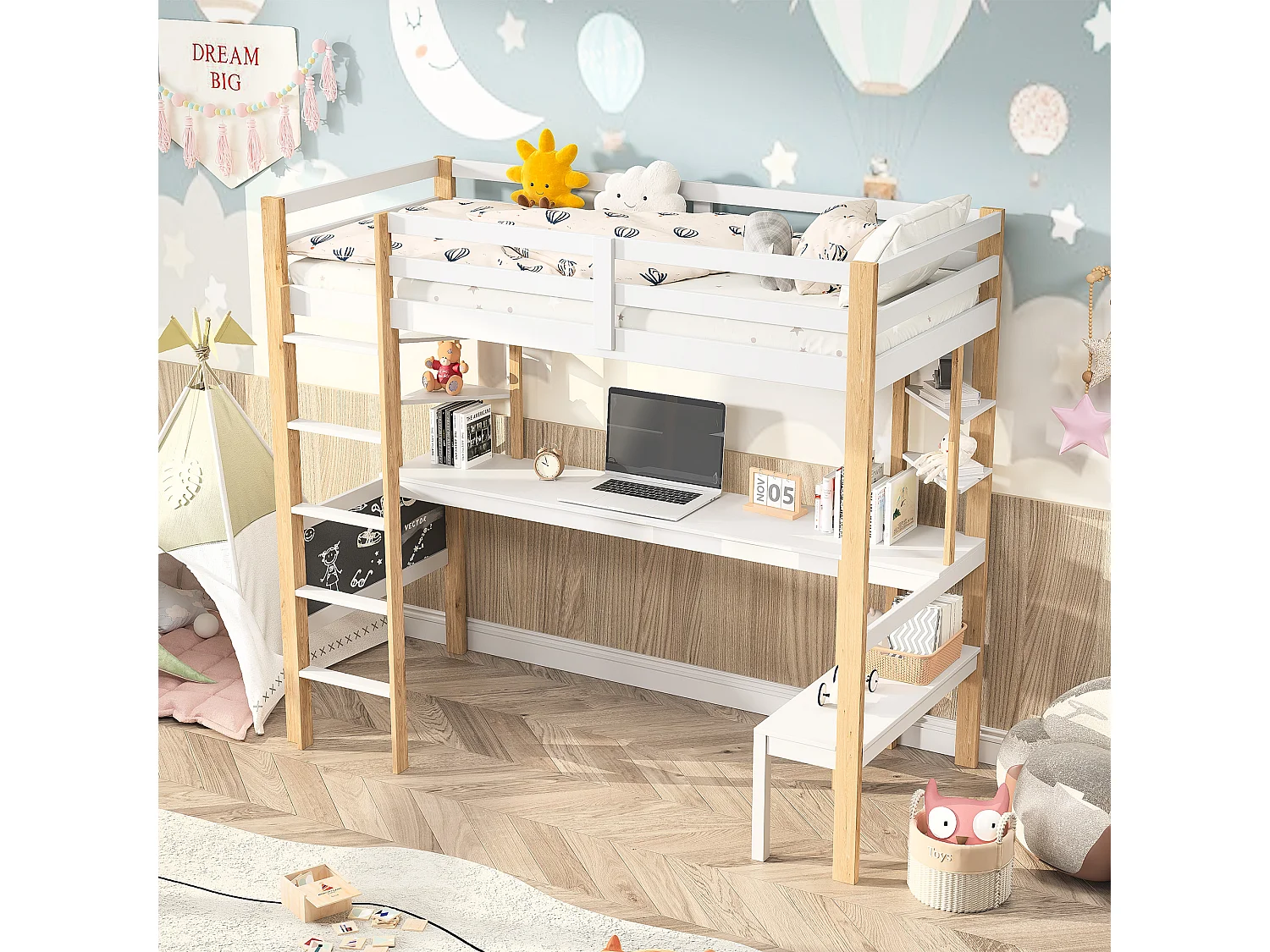 lit superposé enfant 90x200cm,lit mezzanine bois enfant avec escalier et bureau,lit superposé 1 places blanc avec rangement