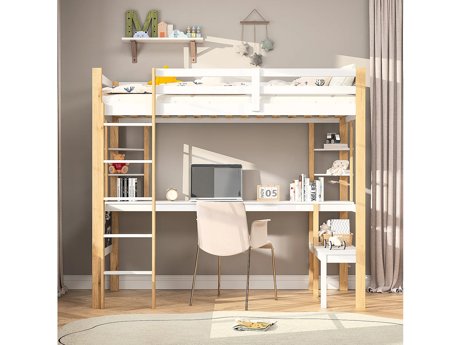 lit superposé enfant 90x200cm,lit mezzanine bois enfant avec escalier et bureau,lit superposé 1 places blanc avec rangement