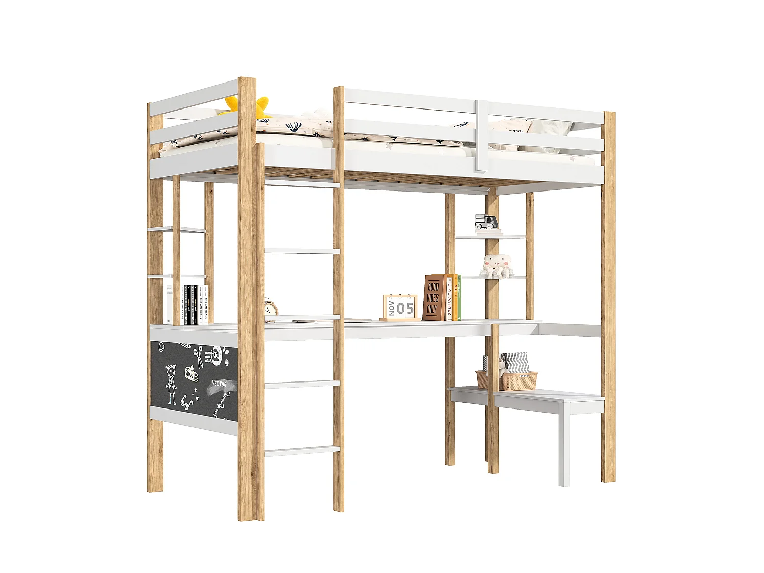 lit superposé enfant 90x200cm,lit mezzanine bois enfant avec escalier et bureau,lit superposé 1 places blanc avec rangement
