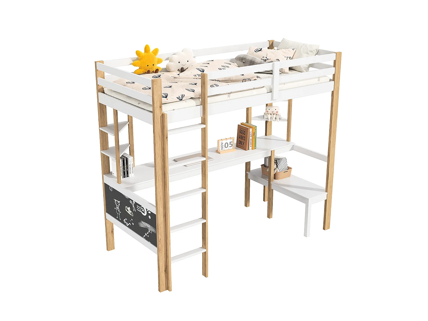 lit superposé enfant 90x200cm,lit mezzanine bois enfant avec escalier et bureau,lit superposé 1 places blanc avec rangement