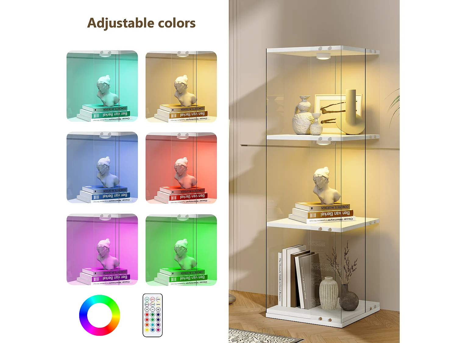 Vitrine salon blanc - vitrine en verre avec LED et socle tournant 360° - vitrine 3 niveaux - sécurité anti-basculement - 38x38x121cm