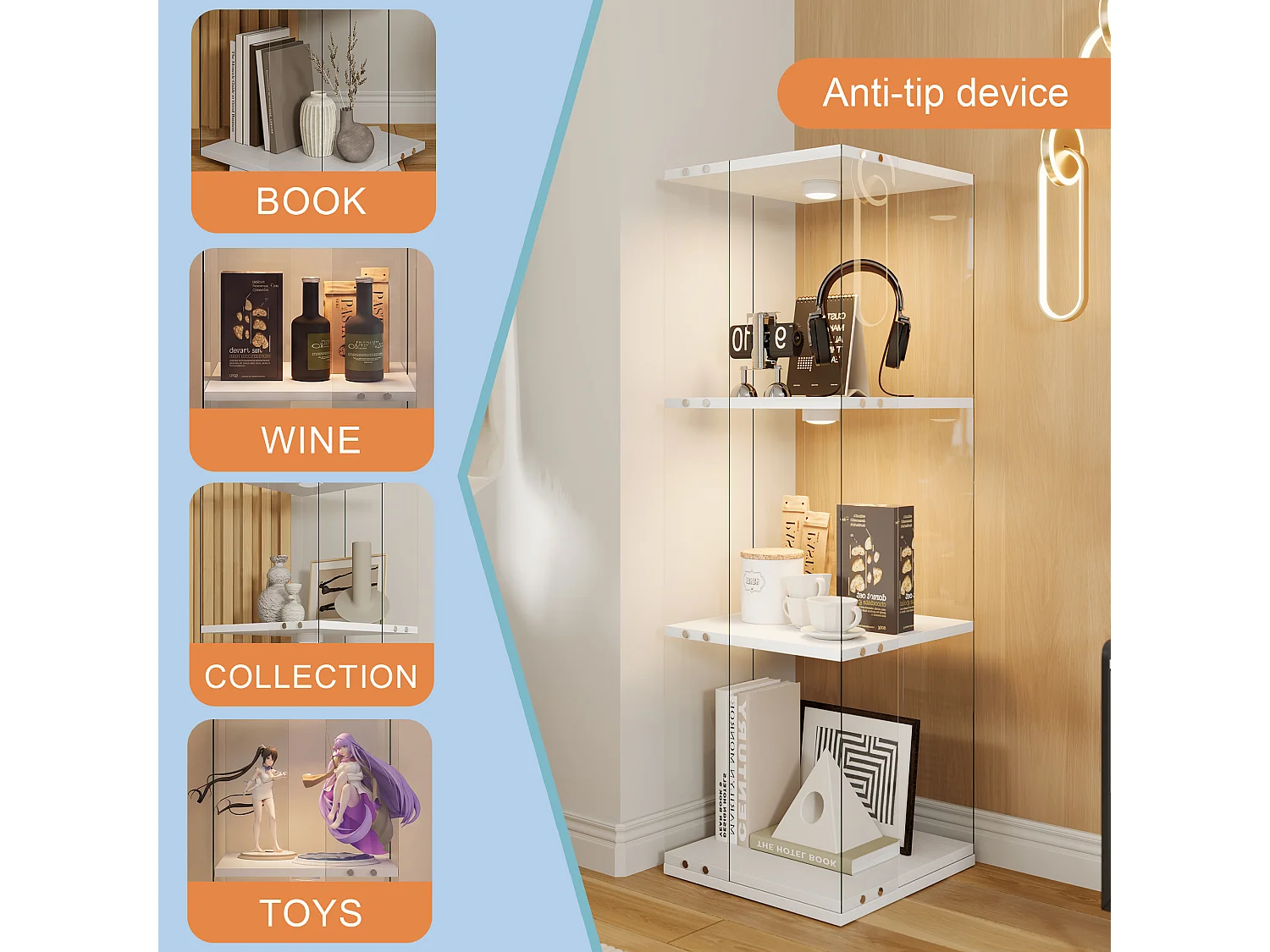 Vitrine salon blanc - vitrine en verre avec LED et socle tournant 360° - vitrine 3 niveaux - sécurité anti-basculement - 38x38x121cm