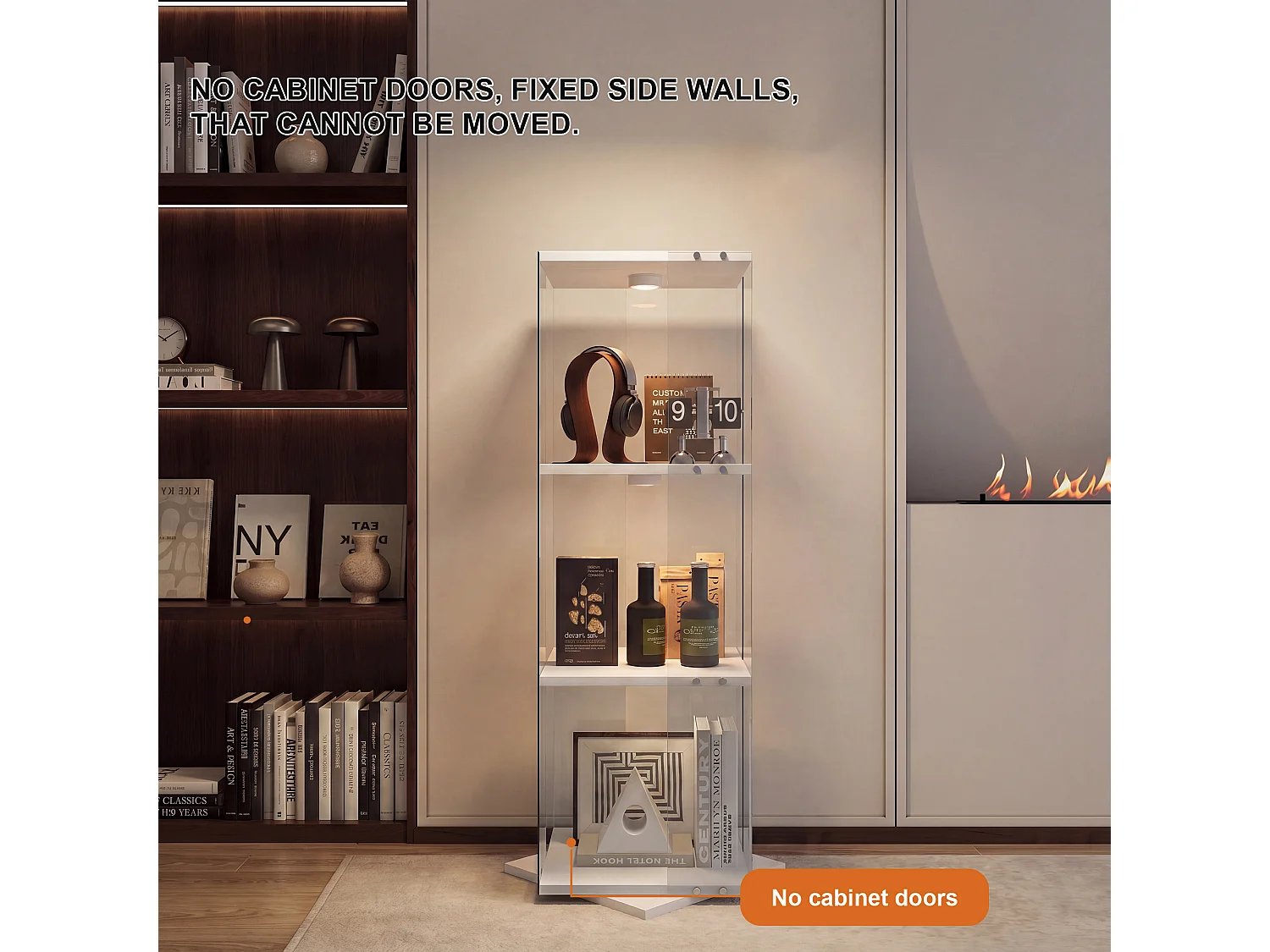 Vitrine salon blanc - vitrine en verre avec LED et socle tournant 360° - vitrine 3 niveaux - sécurité anti-basculement - 38x38x121cm
