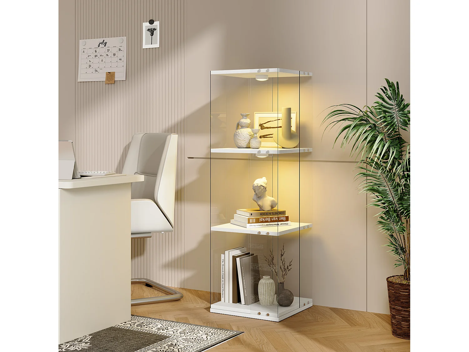 Vitrine salon blanc - vitrine en verre avec LED et socle tournant 360° - vitrine 3 niveaux - sécurité anti-basculement - 38x38x121cm