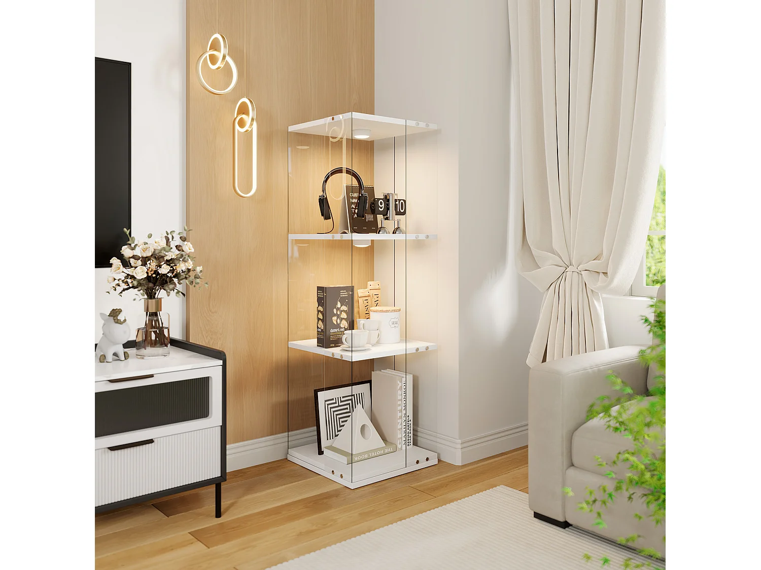 Vitrine salon blanc - vitrine en verre avec LED et socle tournant 360° - vitrine 3 niveaux - sécurité anti-basculement - 38x38x121cm