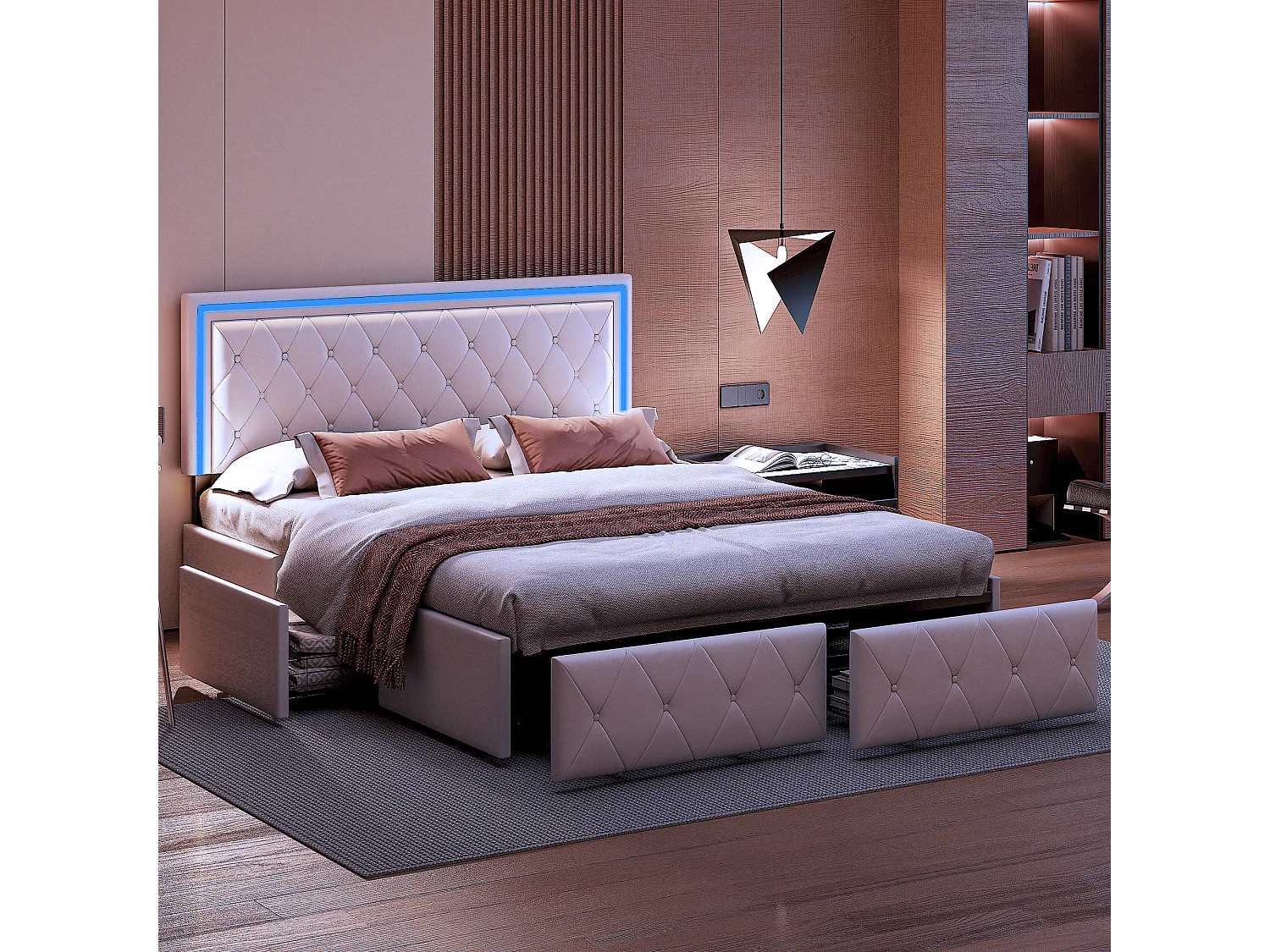 Cama dupla 160x200cm com 4 drawer de armazenamento e LED, cabeça de cama ajustável, quadro de cama 2 pessoas modernas, couro Simili