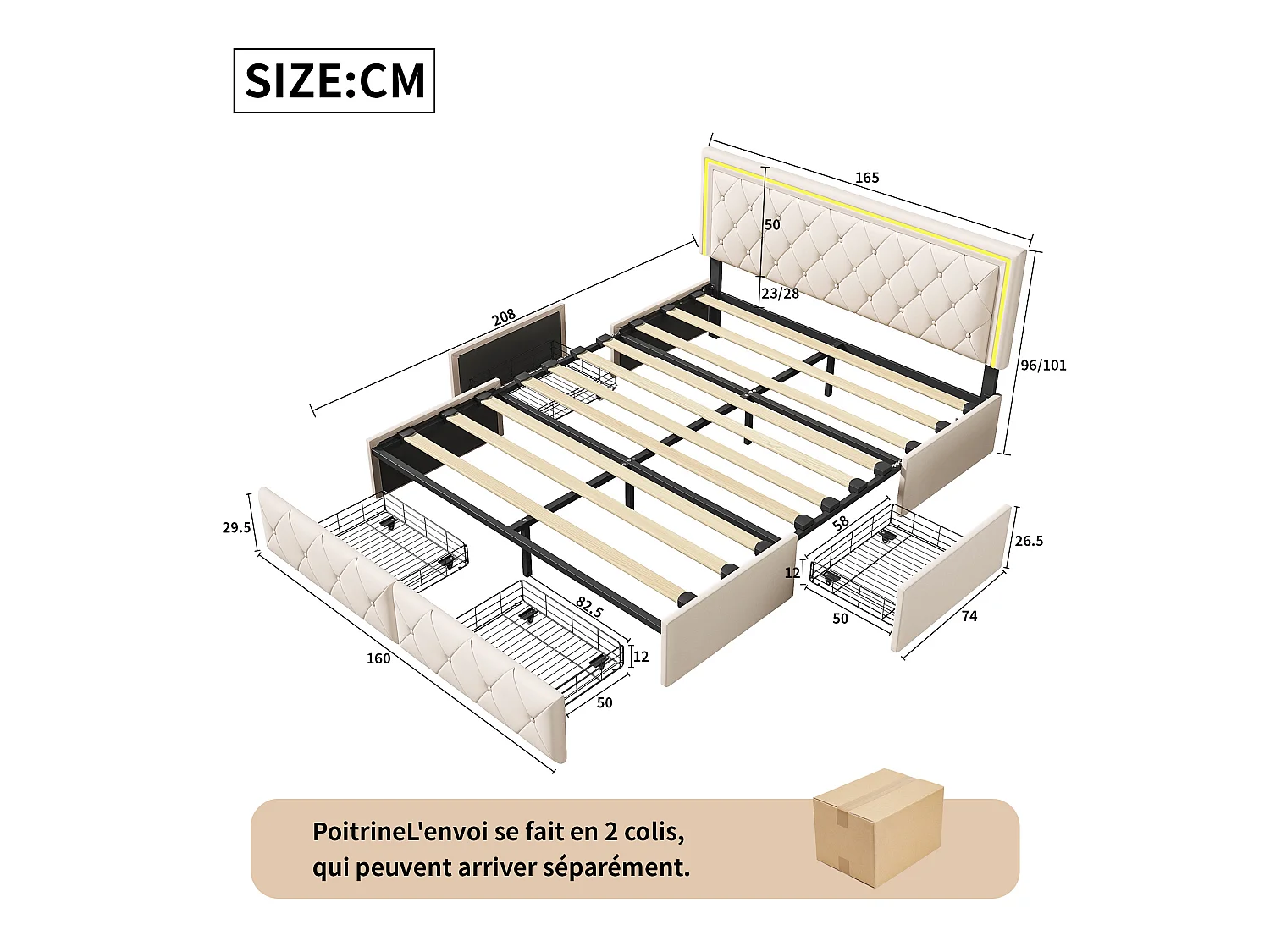 Cama dupla 160x200cm com 4 drawer de armazenamento e LED, cabeça de cama ajustável, quadro de cama 2 pessoas modernas, couro Simili
