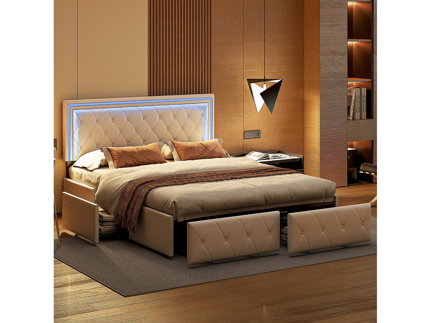 Cama dupla 160x200cm com 4 drawer de armazenamento e LED, cabeça de cama ajustável, quadro de cama 2 pessoas modernas, couro Simili