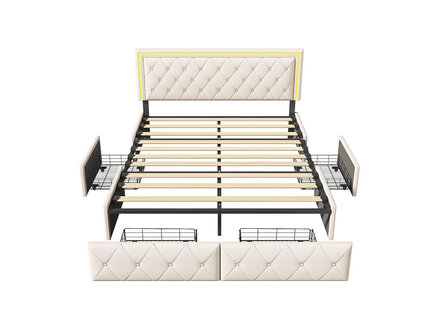 Cama dupla 160x200cm com 4 drawer de armazenamento e LED, cabeça de cama ajustável, quadro de cama 2 pessoas modernas, couro Simili
