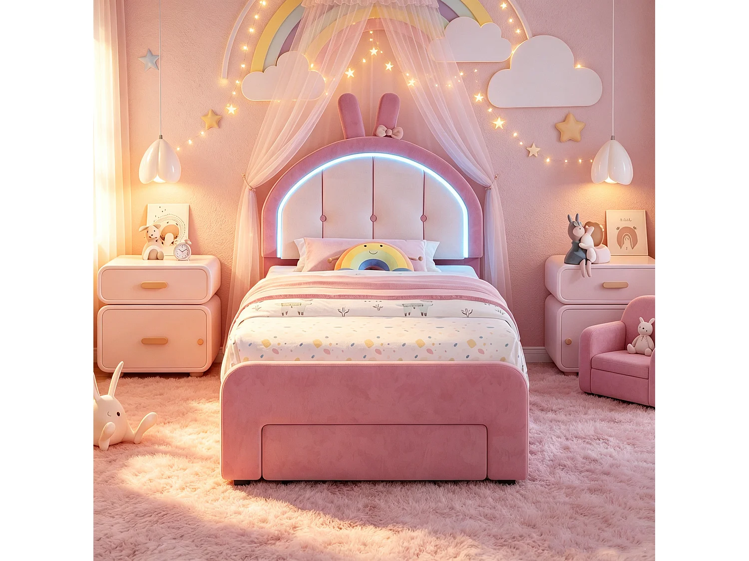 lit enfant fille 90x200cm avec rangement tiroir et sommier bois,Lit LED pour Fille,Tête de lit réglable en forme de lapin,Rose