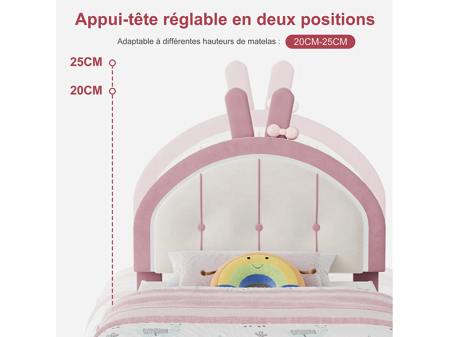 lit enfant fille 90x200cm avec rangement tiroir et sommier bois,Lit LED pour Fille,Tête de lit réglable en forme de lapin,Rose