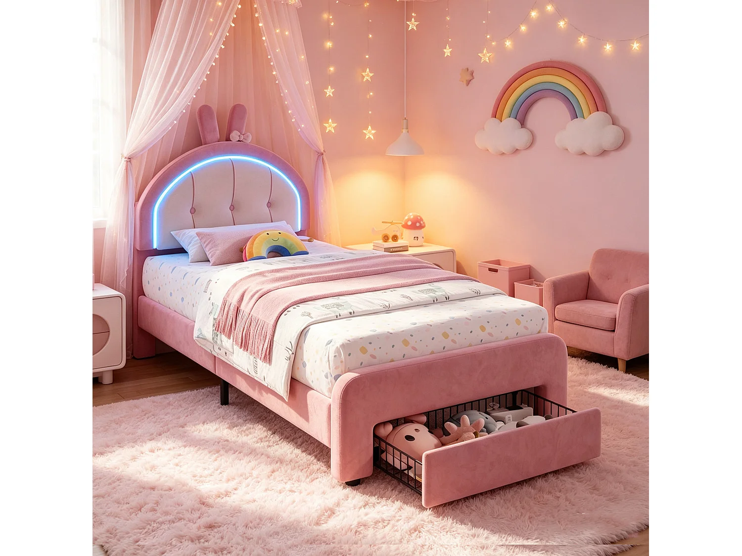 lit enfant fille 90x200cm avec rangement tiroir et sommier bois,Lit LED pour Fille,Tête de lit réglable en forme de lapin,Rose