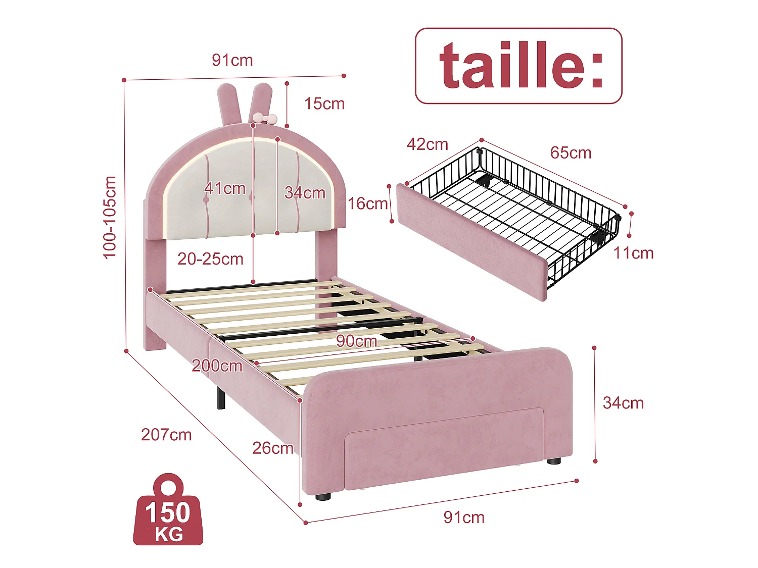 lit enfant fille 90x200cm avec rangement tiroir et sommier bois,Lit LED pour Fille,Tête de lit réglable en forme de lapin,Rose