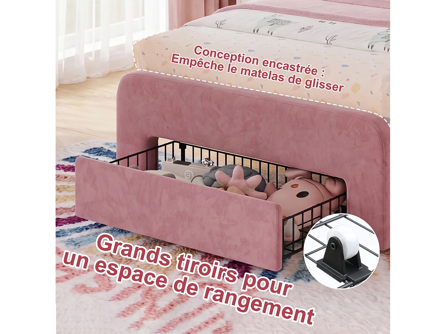 lit enfant fille 90x200cm avec rangement tiroir et sommier bois,Lit LED pour Fille,Tête de lit réglable en forme de lapin,Rose