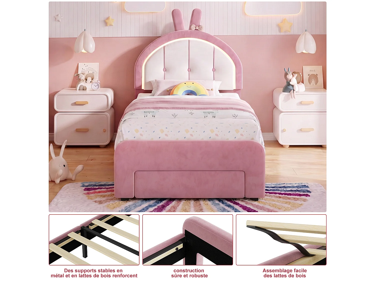 lit enfant fille 90x200cm avec rangement tiroir et sommier bois,Lit LED pour Fille,Tête de lit réglable en forme de lapin,Rose