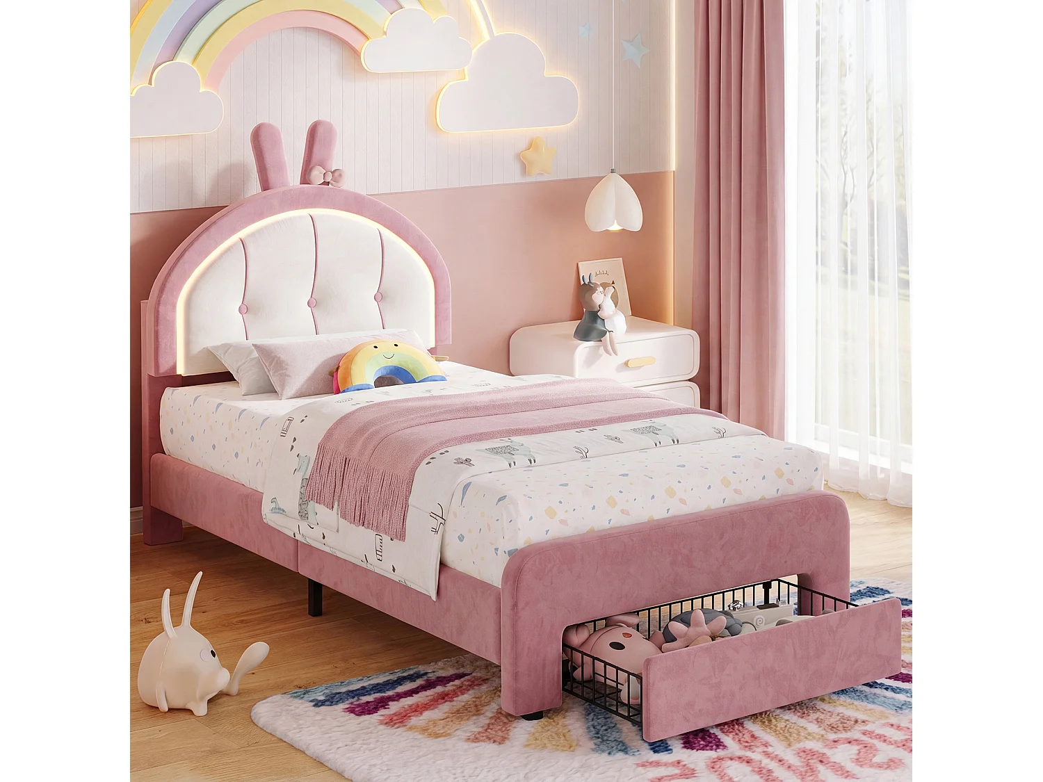 lit enfant fille 90x200cm avec rangement tiroir et sommier bois,Lit LED pour Fille,Tête de lit réglable en forme de lapin,Rose