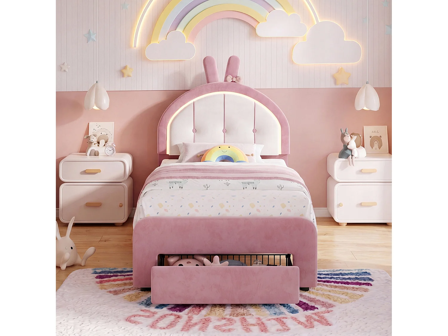 lit enfant fille 90x200cm avec rangement tiroir et sommier bois,Lit LED pour Fille,Tête de lit réglable en forme de lapin,Rose