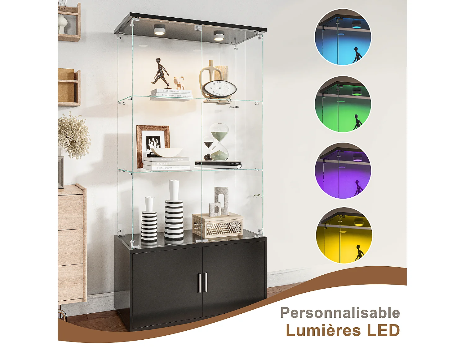Vitrine salon,Vitrine en Verre avec LED et Serrure,2 Portes en Verre Trempé, Poignées Aluminium,Rangement Sécurisé,Noir