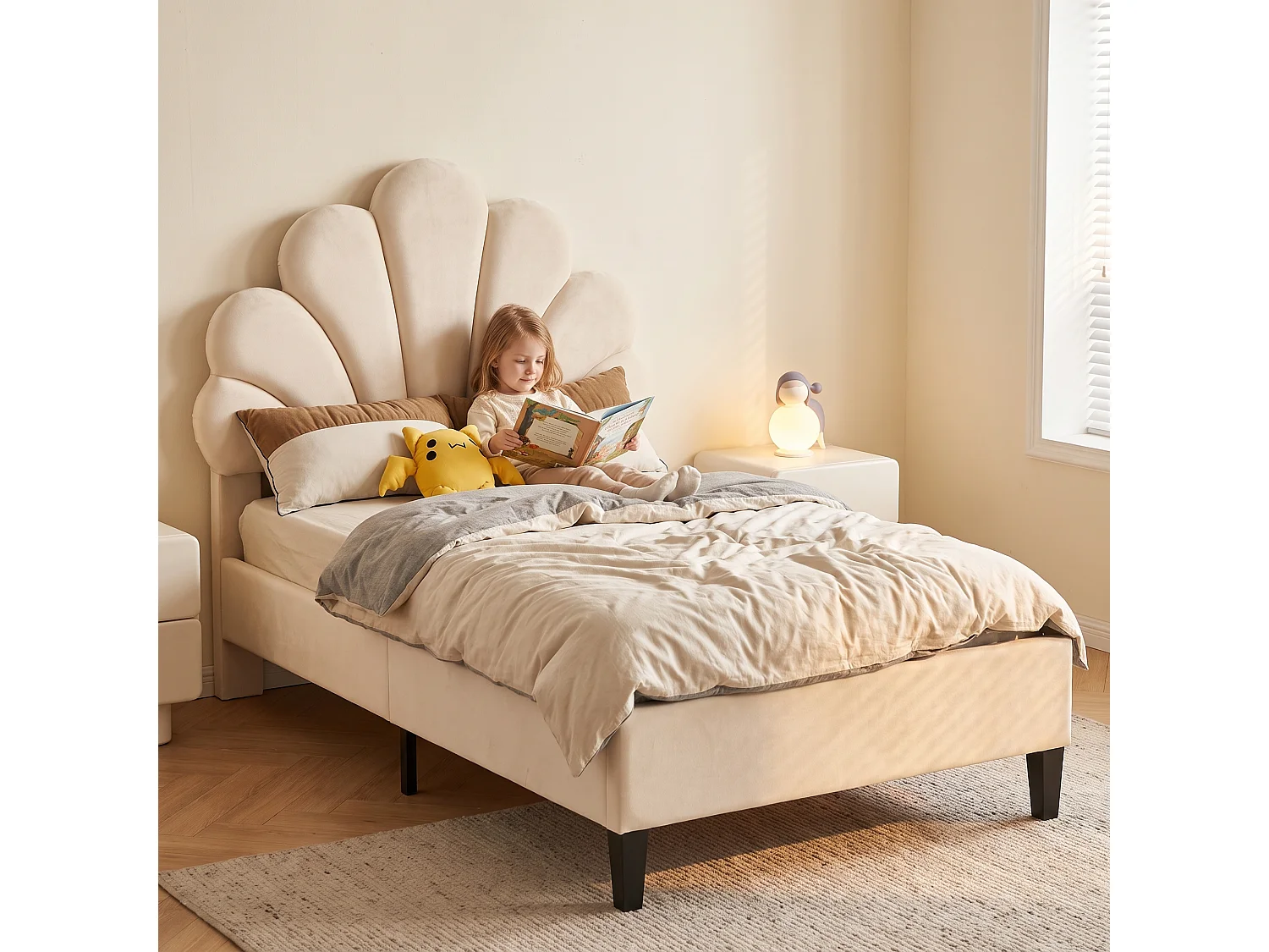 Lit enfant 90x200cm,cadre de lit avec tête réglable en hauteur et sommier à lattes,pour fille garçons,bois et velours,1 place,beige