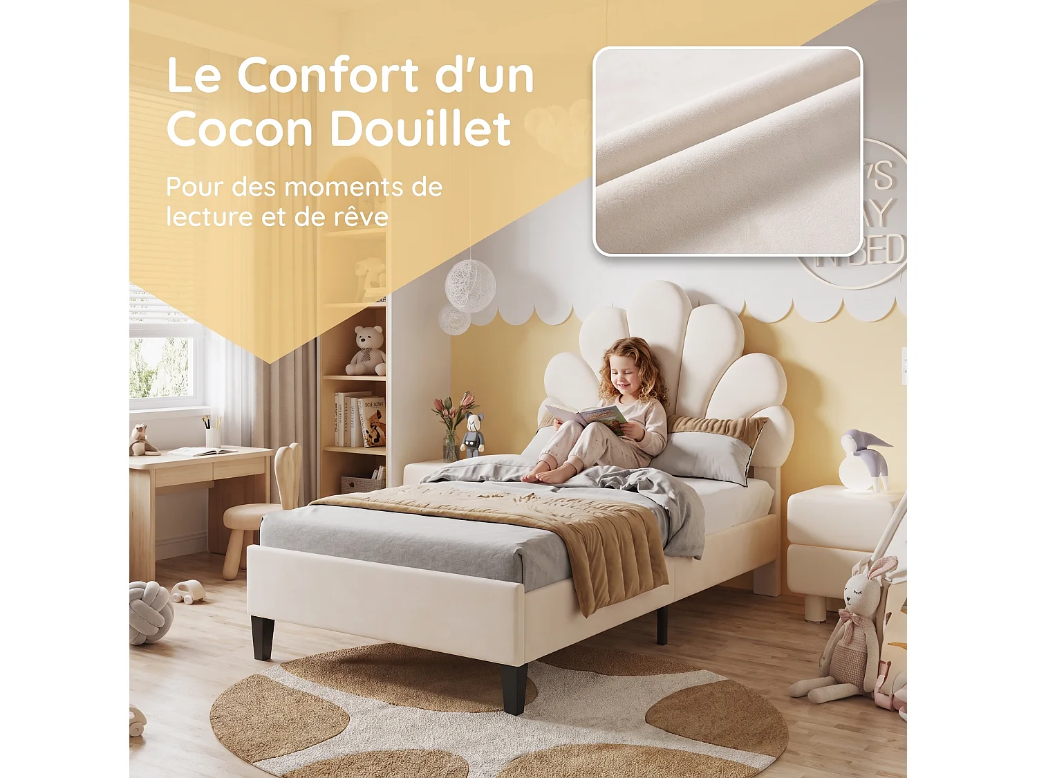 Lit enfant 90x200cm,cadre de lit avec tête réglable en hauteur et sommier à lattes,pour fille garçons,bois et velours,1 place,beige