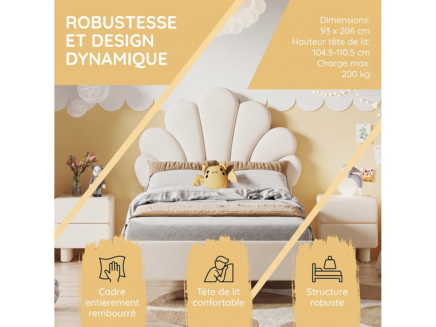Lit enfant 90x200cm,cadre de lit avec tête réglable en hauteur et sommier à lattes,pour fille garçons,bois et velours,1 place,beige