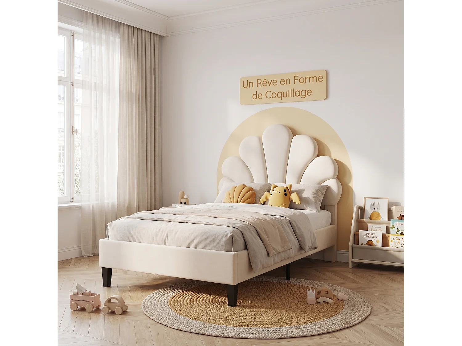 Lit enfant 90x200cm,cadre de lit avec tête réglable en hauteur et sommier à lattes,pour fille garçons,bois et velours,1 place,beige