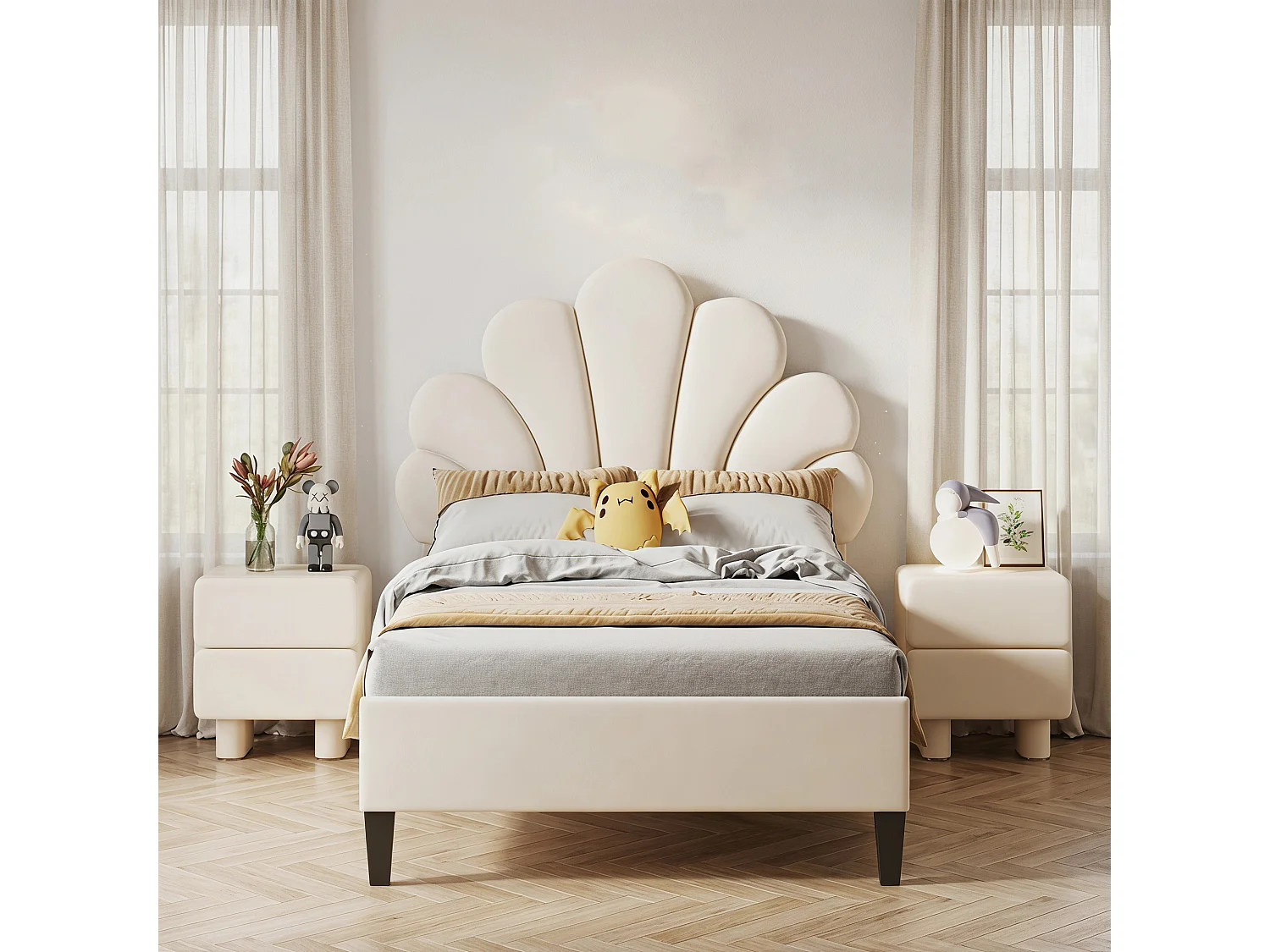 Lit enfant 90x200cm,cadre de lit avec tête réglable en hauteur et sommier à lattes,pour fille garçons,bois et velours,1 place,beige