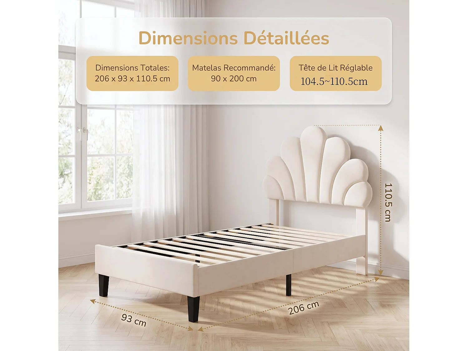 Lit enfant 90x200cm,cadre de lit avec tête réglable en hauteur et sommier à lattes,pour fille garçons,bois et velours,1 place,beige