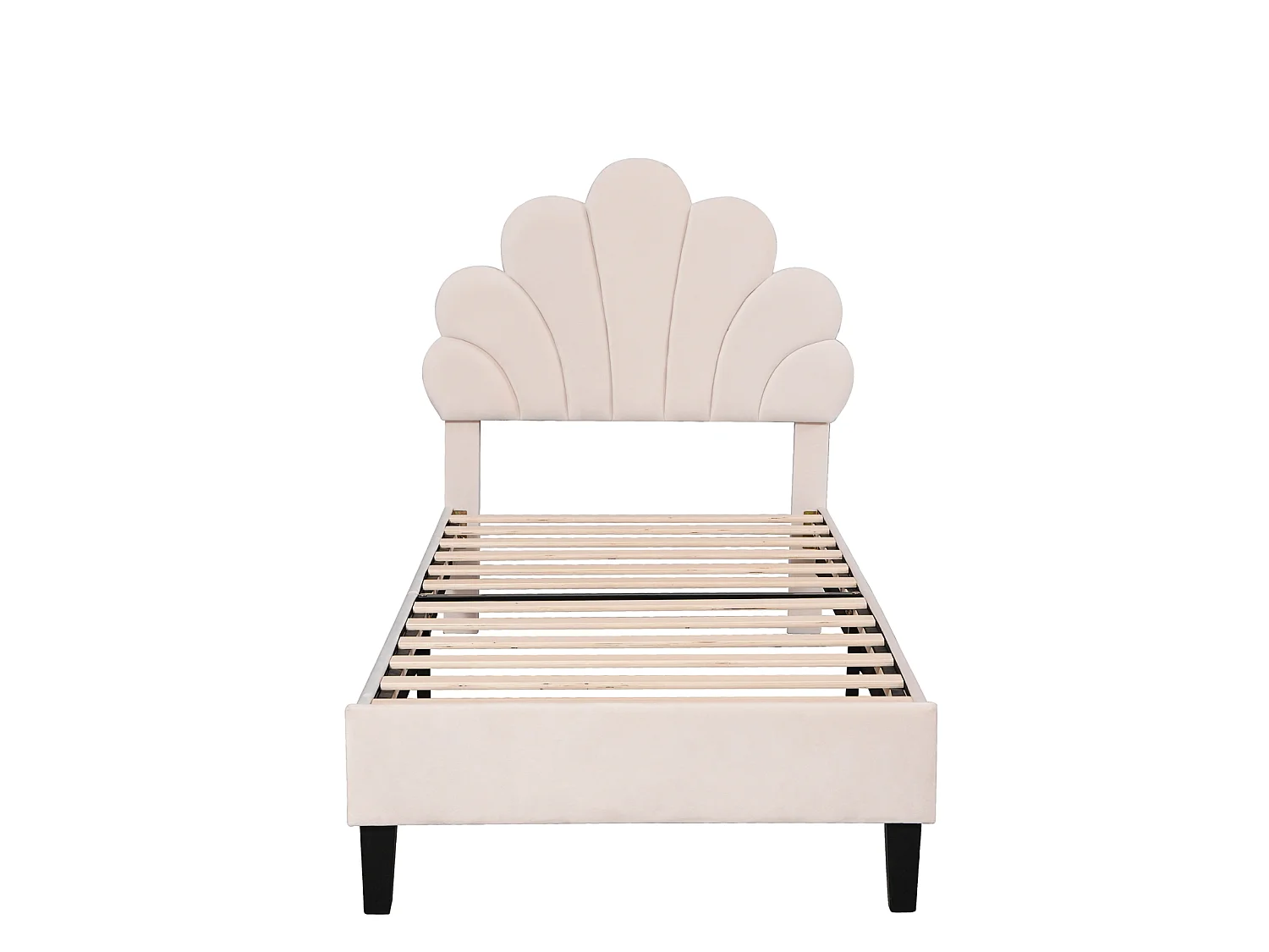 Lit enfant 90x200cm,cadre de lit avec tête réglable en hauteur et sommier à lattes,pour fille garçons,bois et velours,1 place,beige