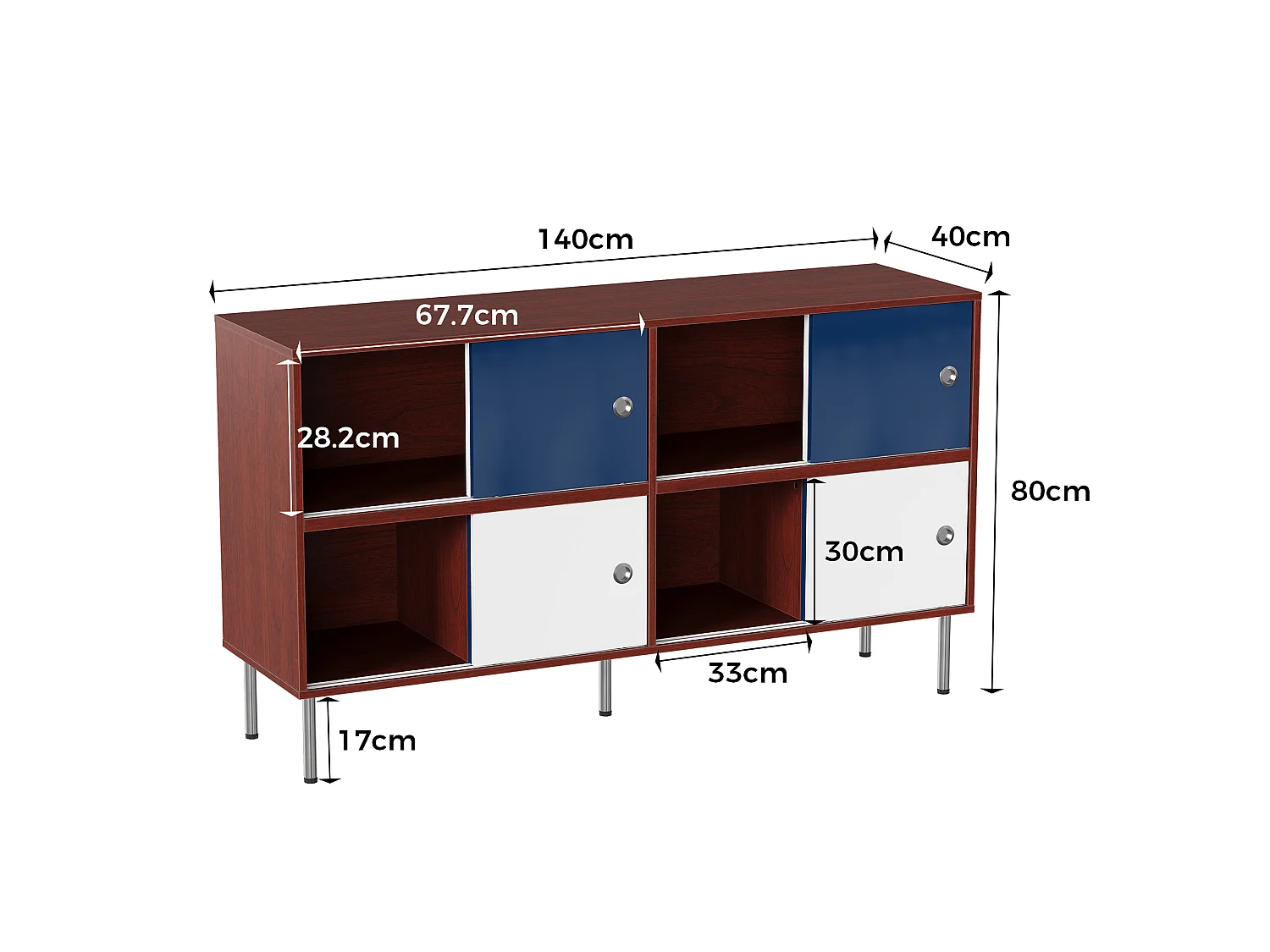 Buffet moderne avec 8 portes coulissantes, pieds surélevés en métal, 140x40x80, Blanc, Bleu et Marron