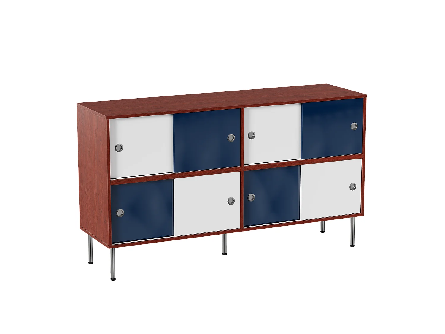 Buffet moderne avec 8 portes coulissantes, pieds surélevés en métal, 140x40x80, Blanc, Bleu et Marron