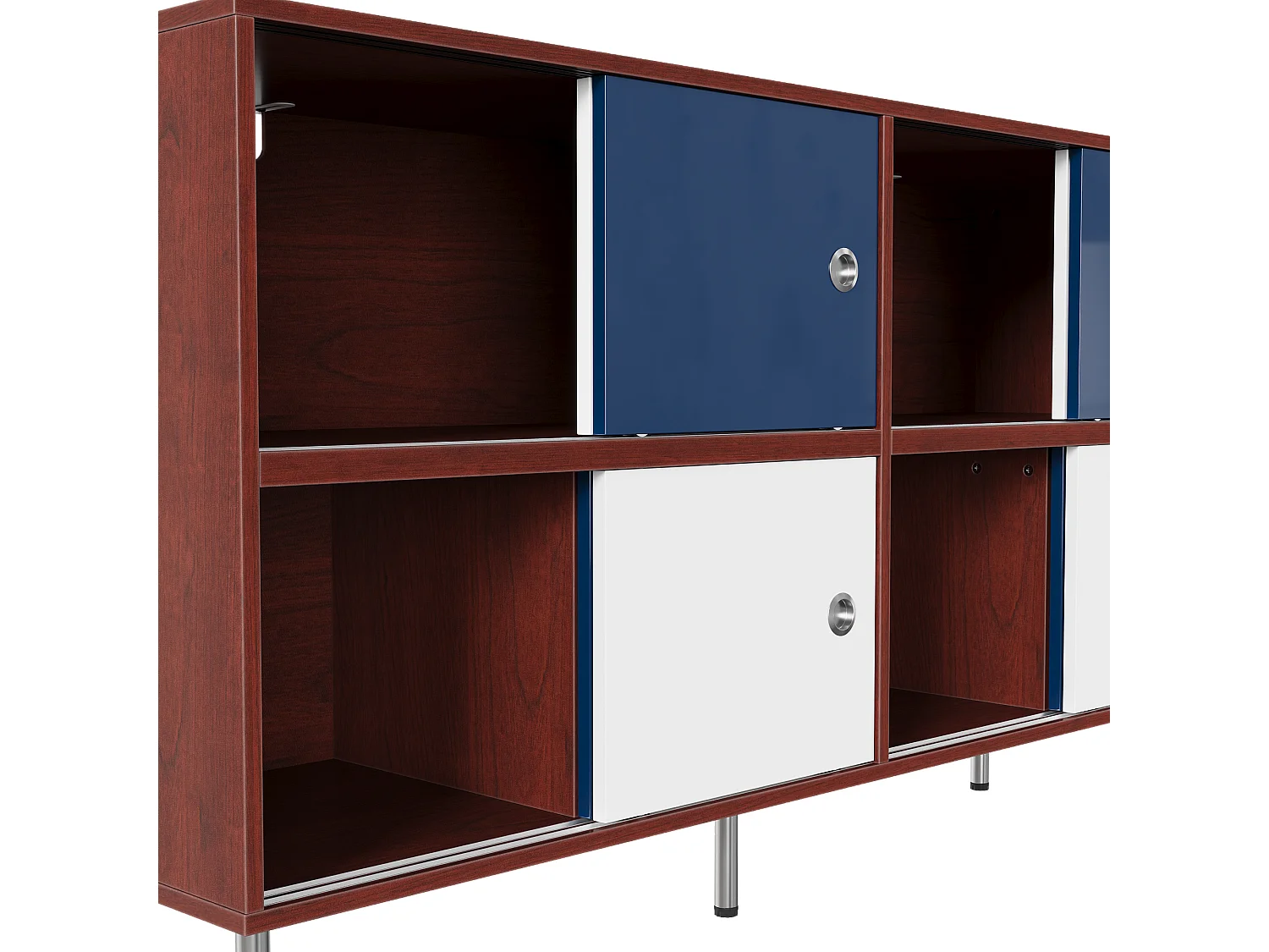 Buffet moderne avec 8 portes coulissantes, pieds surélevés en métal, 140x40x80, Blanc, Bleu et Marron