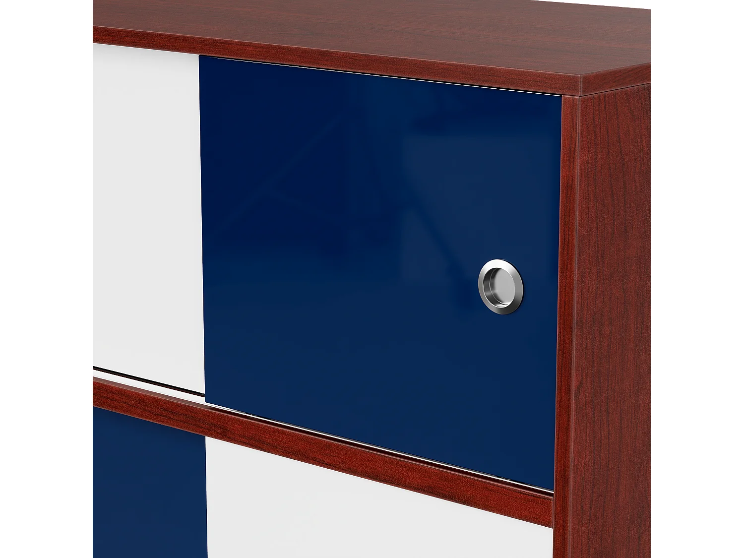 Buffet moderne avec 8 portes coulissantes, pieds surélevés en métal, 140x40x80, Blanc, Bleu et Marron