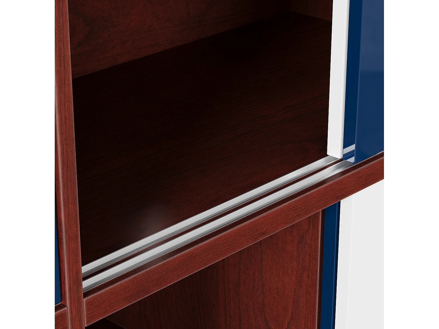 Buffet moderne avec 8 portes coulissantes, pieds surélevés en métal, 140x40x80, Blanc, Bleu et Marron