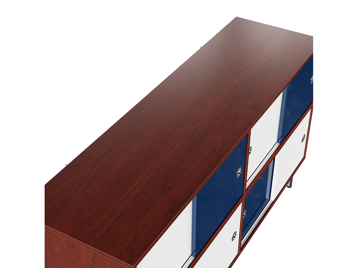Buffet moderne avec 8 portes coulissantes, pieds surélevés en métal, 140x40x80, Blanc, Bleu et Marron