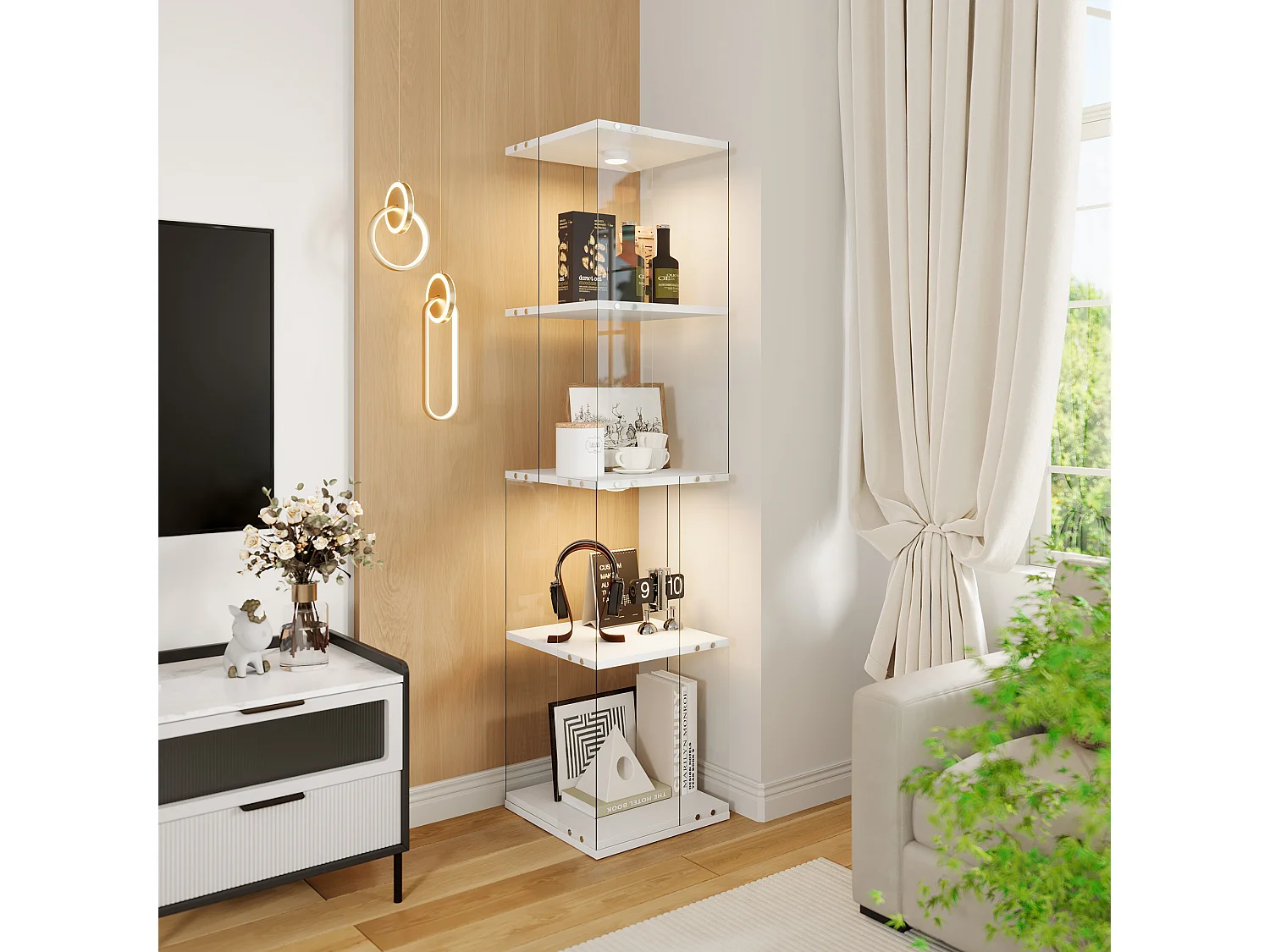 Vitrine en Verre avec LED et Socle Tournant 360° - Étagères Réglables - Sécurité Anti-Basculement - Rangement Polyvalent - Blanc