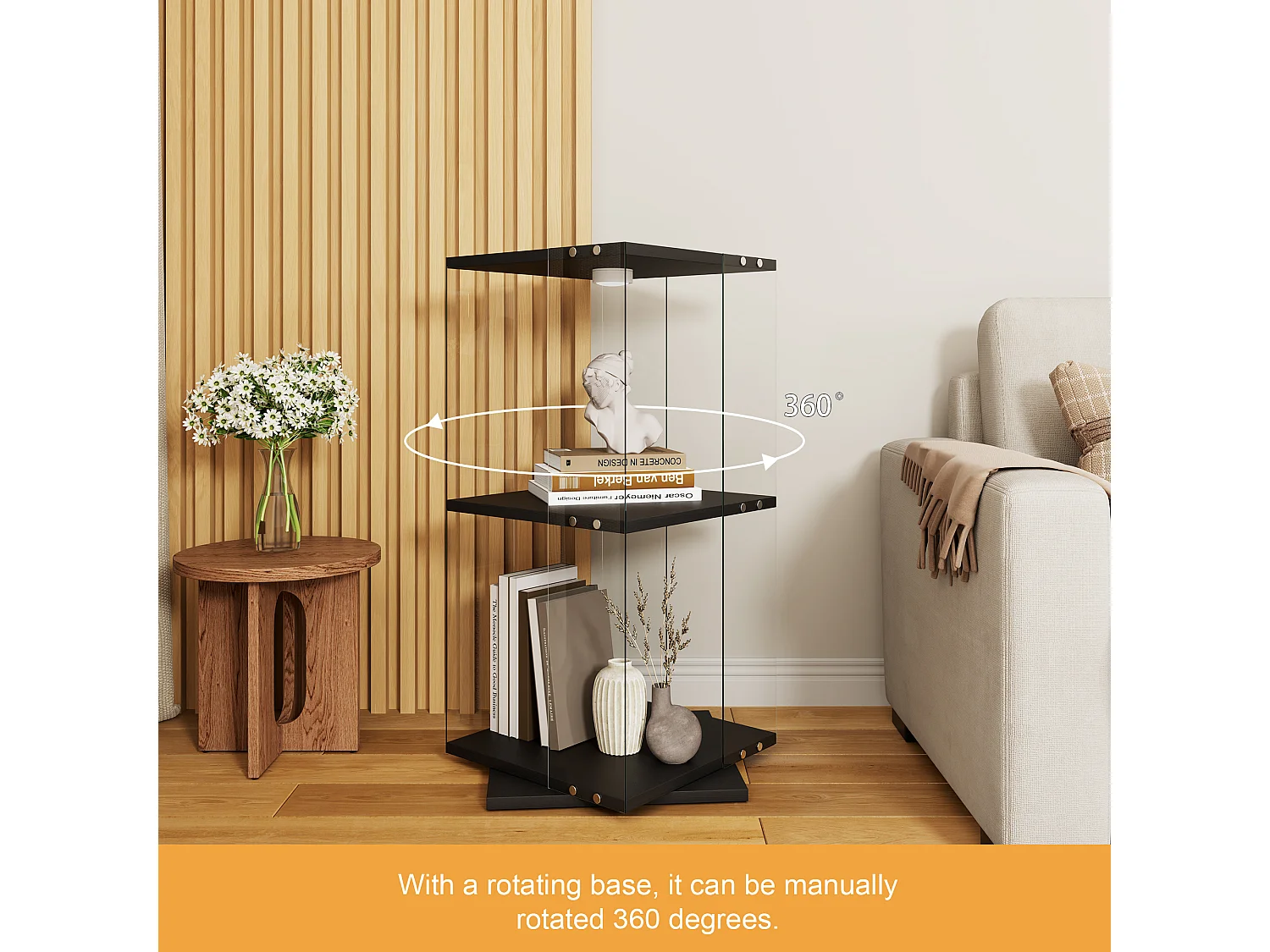 Vitrine en Verre avec Socle Tournant 360° et LED,Anti-Basculement, vitrine salon Rangement Vins/Collections, Design Moderne,Noir
