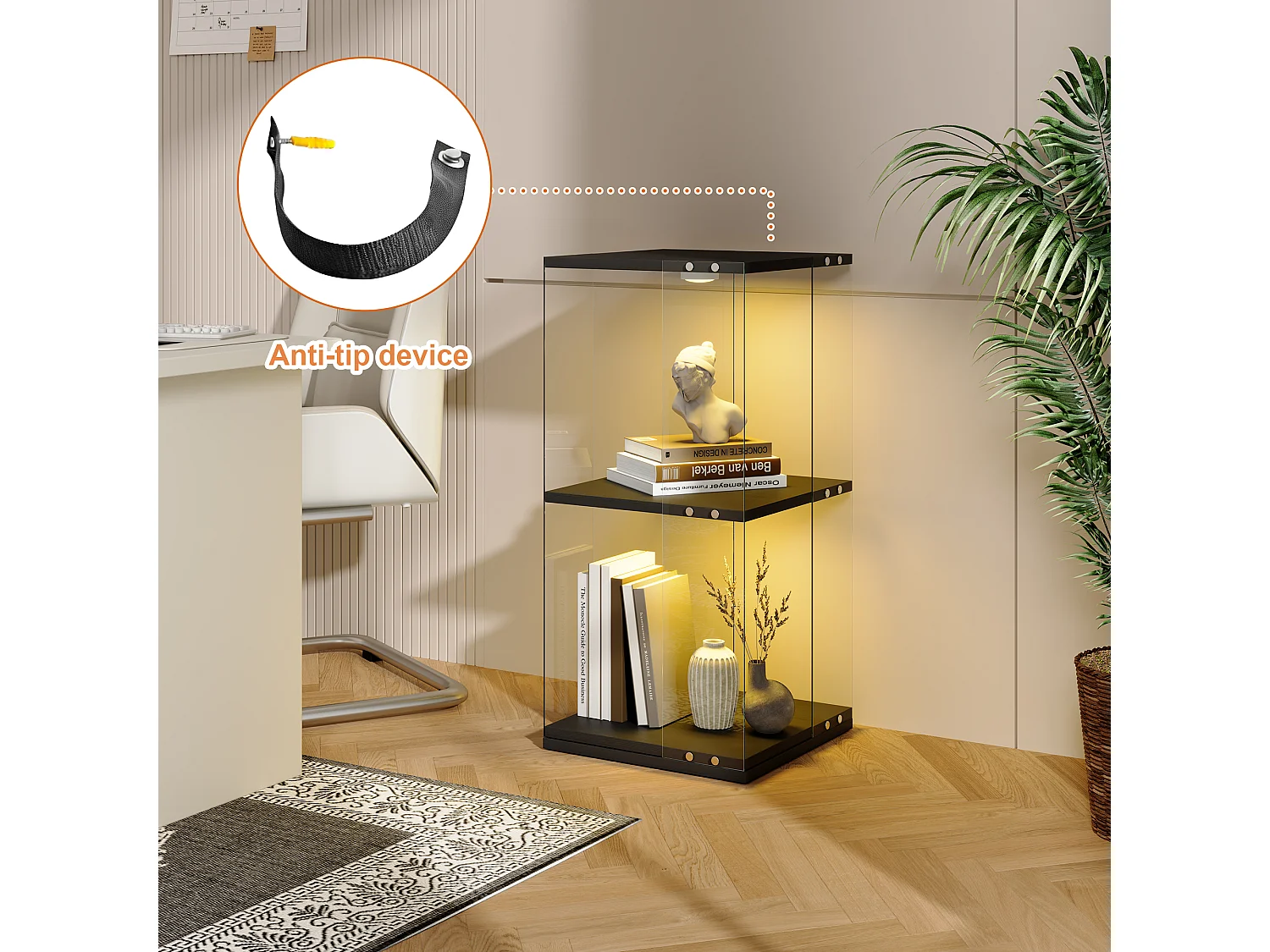 Vitrine en Verre avec Socle Tournant 360° et LED,Anti-Basculement, vitrine salon Rangement Vins/Collections, Design Moderne,Noir