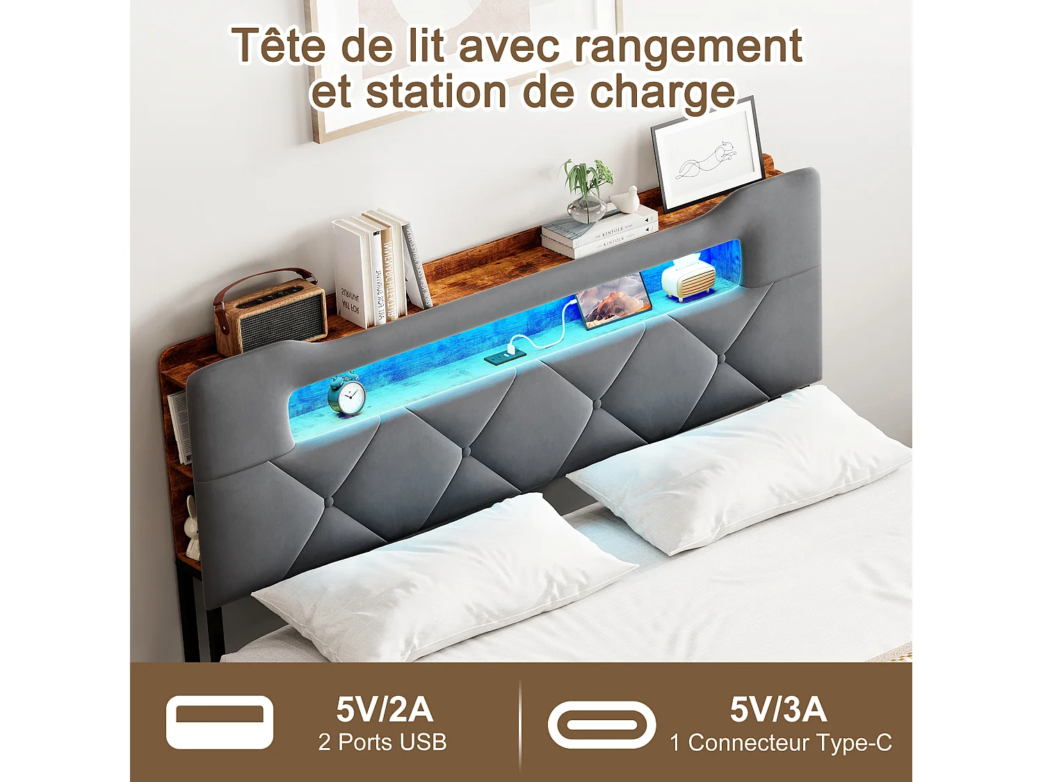 Volwassenenbed 140x190 cm met 4 lades, hoofdbord met plank, RGB LED-verlichting, USB/Type-C-poorten, grijs fluweel, matras niet inbegrepen.