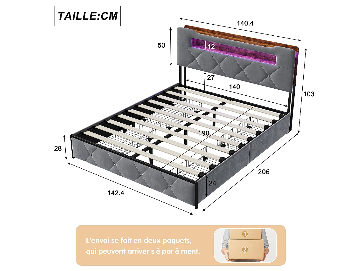 Volwassenenbed 140x190 cm met 4 lades, hoofdbord met plank, RGB LED-verlichting, USB/Type-C-poorten, grijs fluweel, matras niet inbegrepen.
