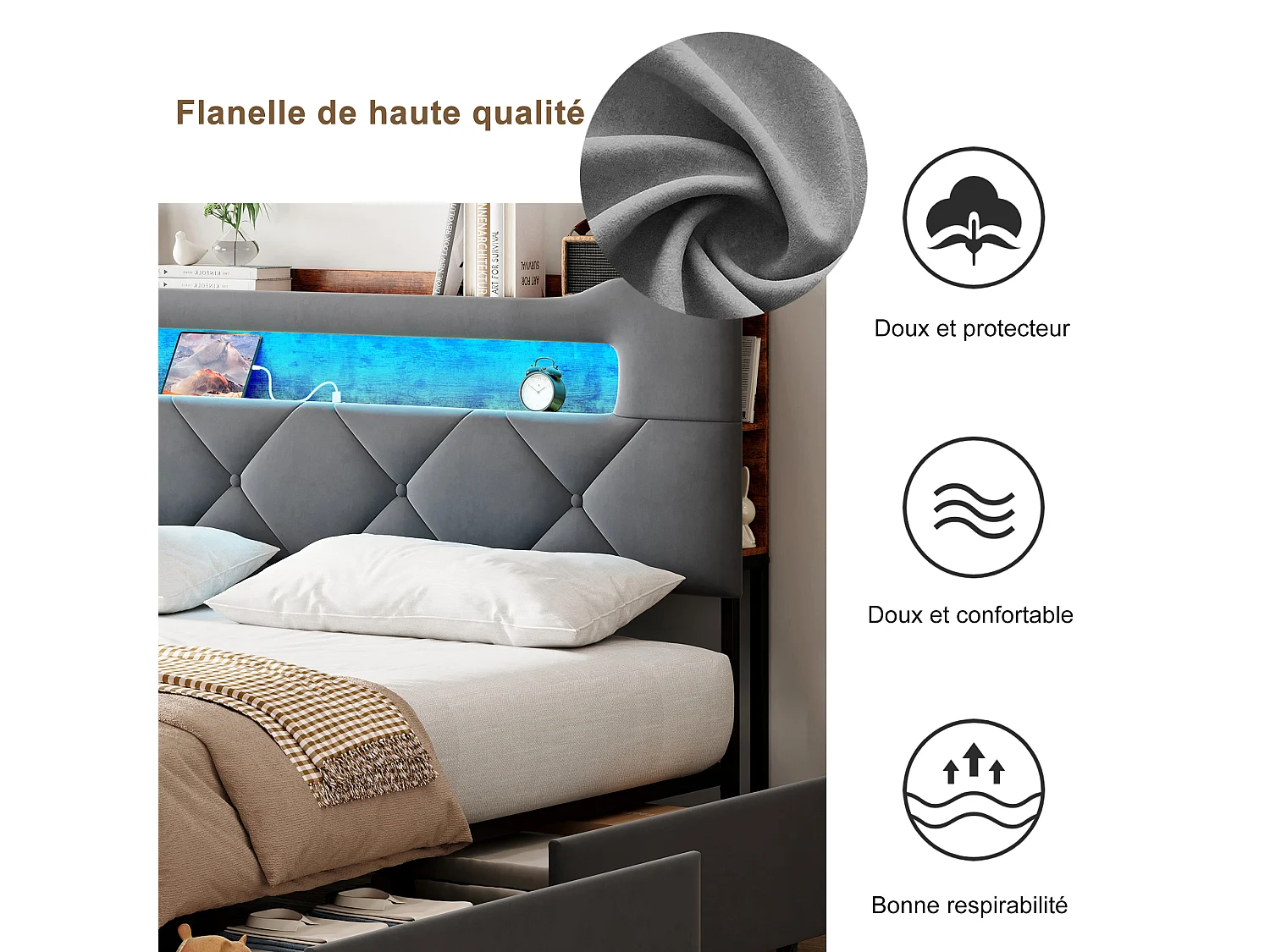 Volwassenenbed 140x190 cm met 4 lades, hoofdbord met plank, RGB LED-verlichting, USB/Type-C-poorten, grijs fluweel, matras niet inbegrepen.