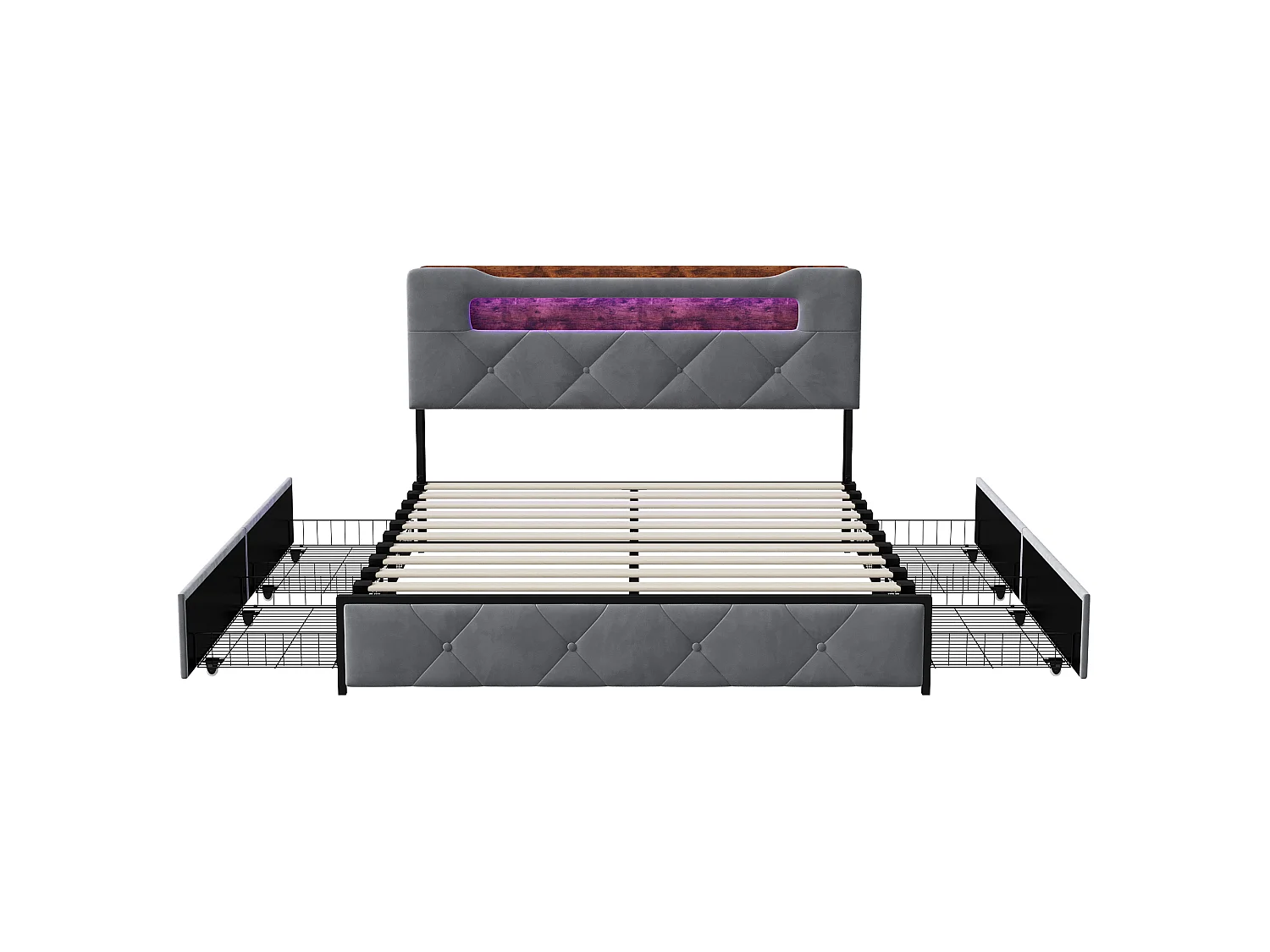 Volwassenenbed 140x190 cm met 4 lades, hoofdbord met plank, RGB LED-verlichting, USB/Type-C-poorten, grijs fluweel, matras niet inbegrepen.