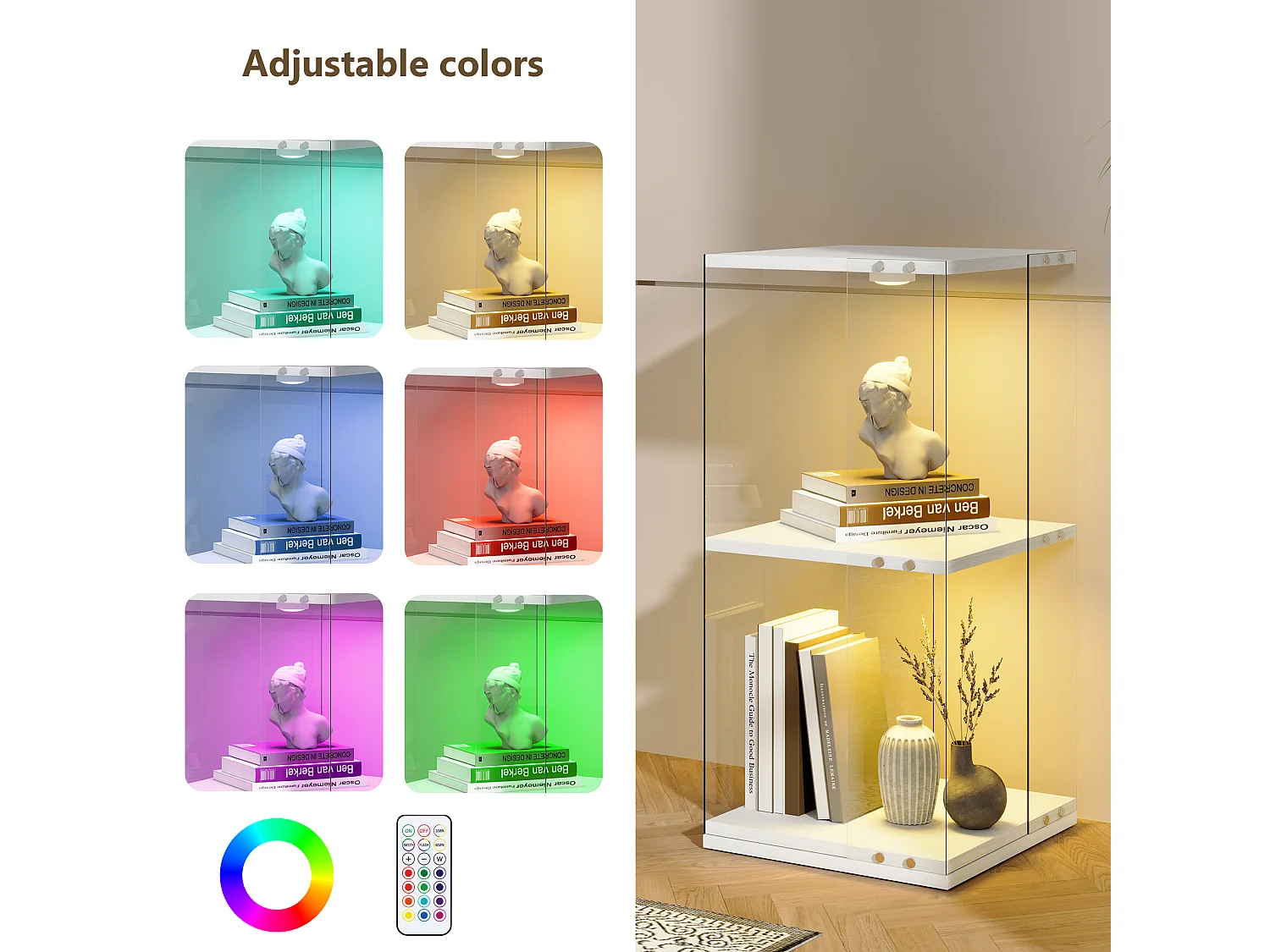 Vitrine en Verre avec Socle Tournant 360° et LED,Anti-Basculement, vitrine salon Rangement Vins/Collections, Design Moderne,blanc