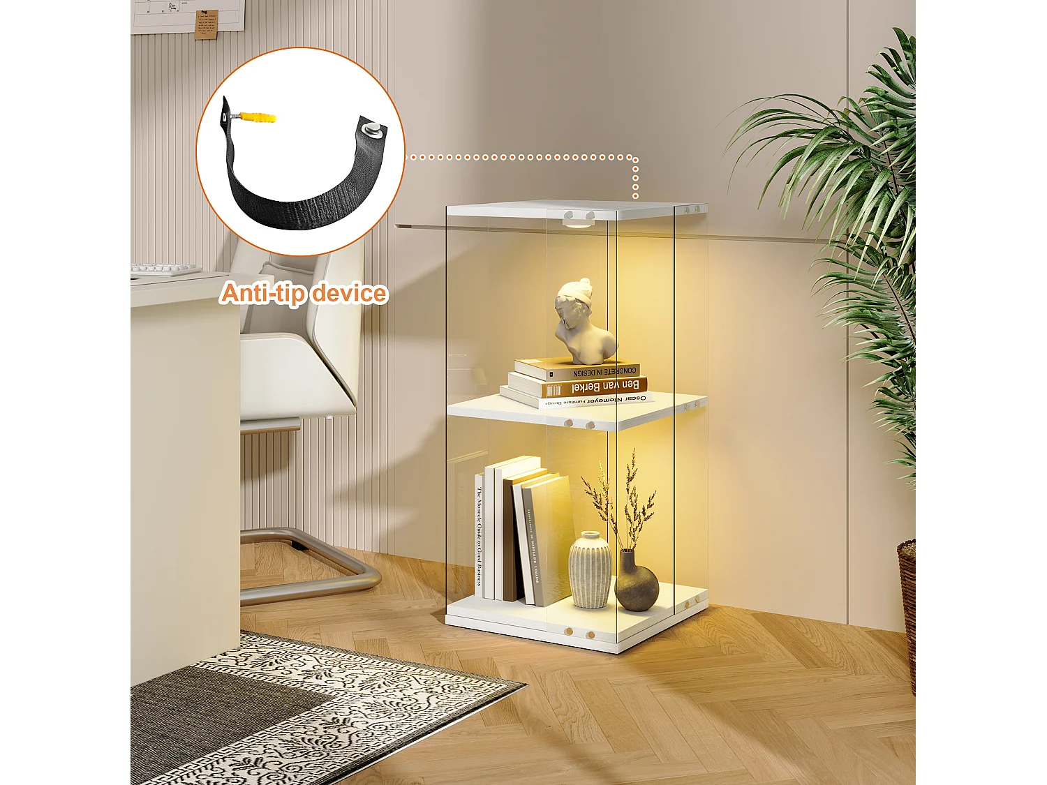 Vitrine en Verre avec Socle Tournant 360° et LED,Anti-Basculement, vitrine salon Rangement Vins/Collections, Design Moderne,blanc