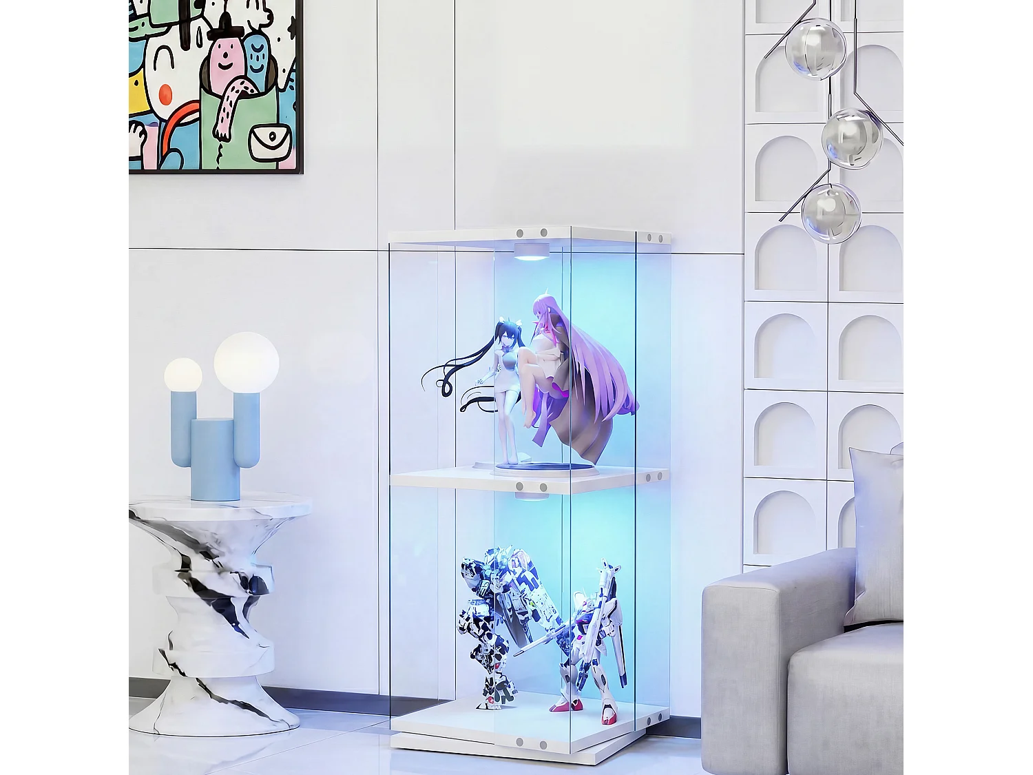 Vitrine en Verre avec Socle Tournant 360° et LED,Anti-Basculement, vitrine salon Rangement Vins/Collections, Design Moderne,blanc